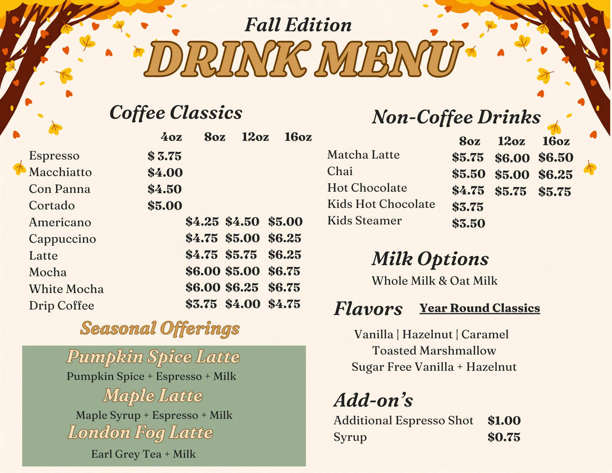 Roasted by Mom cafe drink menu