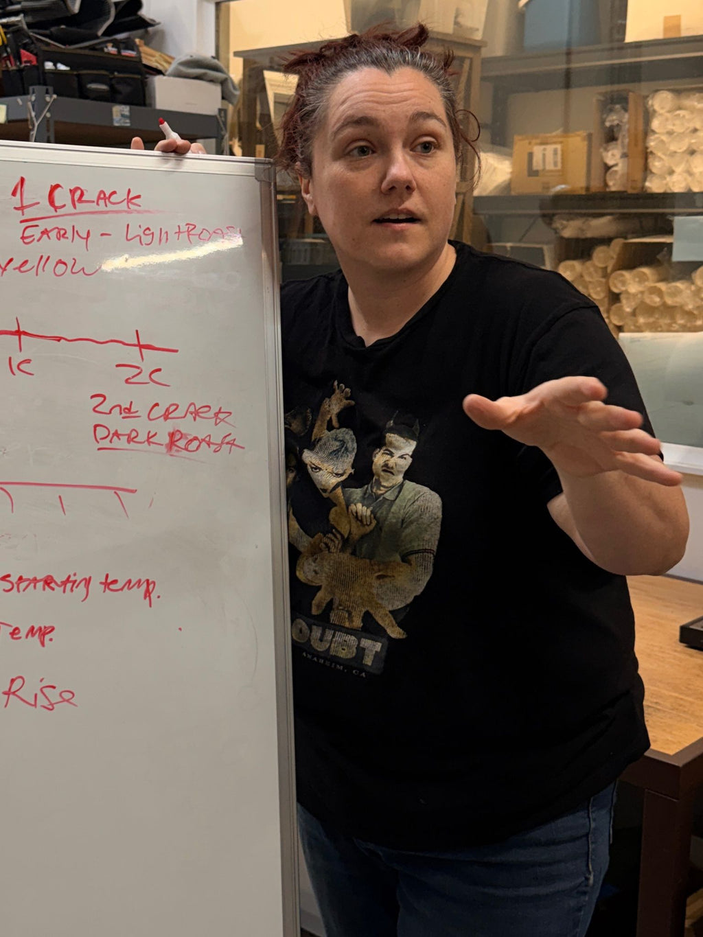 Person pointing at a whiteboard with writing in a kitchen setting