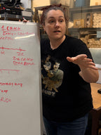 Person pointing at a whiteboard with writing in a kitchen setting
